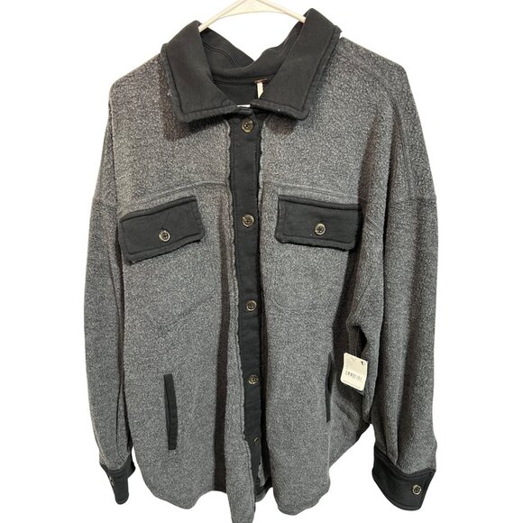 Free People Washed Black Fleece Shirt Jacket With Button Front Style - Size L - Picture 1 of 10